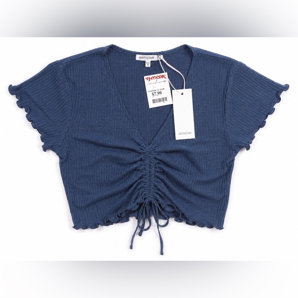 Antistar Blue Ribbed Ruched Crop Top Medium NWT Drawstring V-Neck Y2K